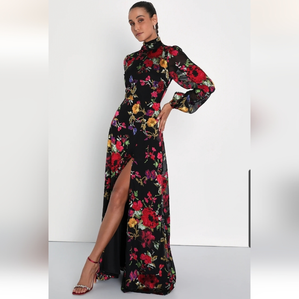 Graceful Arrival Black Floral Burnout Backless Maxi Dress by Lulus